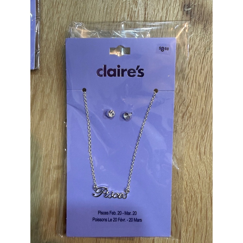 Claires Pisces Zodiac Jewelry Set Silver Tone Script Necklace Crystal Studs NEW